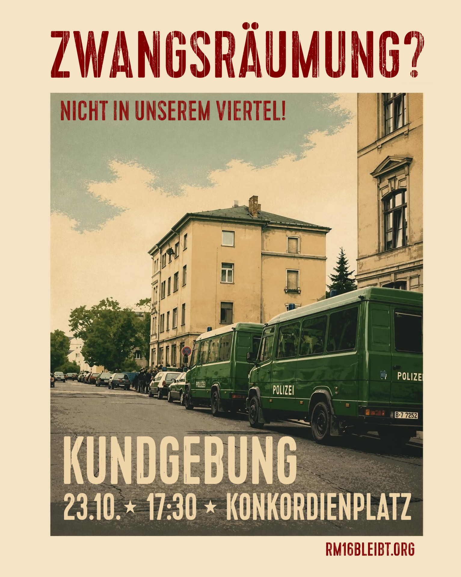 Zwangsräumung? Nicht in unserem Viertel! – Selbstverwaltete Häuser verteidigen! Konkordienplatz, 17:30 Uhr, 23.10.